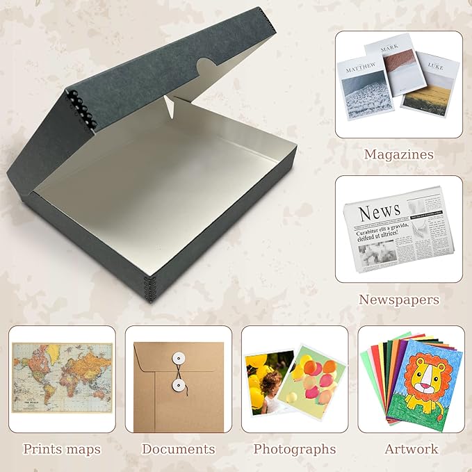 Golden State Art, Archival Folio Storage Box 9x12, Clamshell Design with Metal Edge, Preserve And Store Photos Documents Cards Prints Arts Crafts DIY, Gray