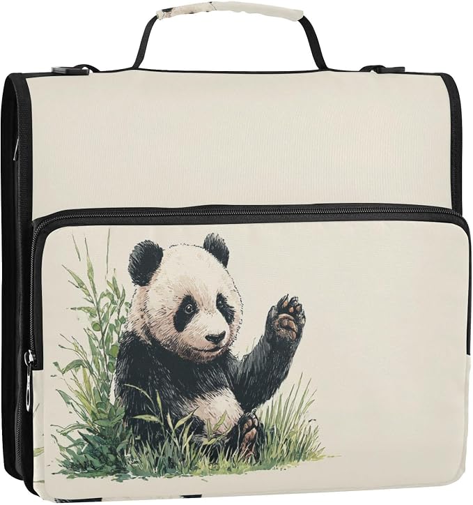 Panda Cute Animal 3 Ring Zipper Binder with Handle 1.5 inch Binder Organizer, Multi Pockets Office File Folder with Shoulder Strap 500 Sheet Capacity