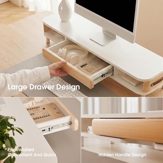 Fenge Dual Monitor Stand with Large Storage Drawer, 42.5" Dsek Shelf, White | Slide-Out Drawer with Wood Grain Finish, Ergonomic Monitor Riser, Aluminum leg, 2-Tier Desk Organizer for Laptop, TV, PC