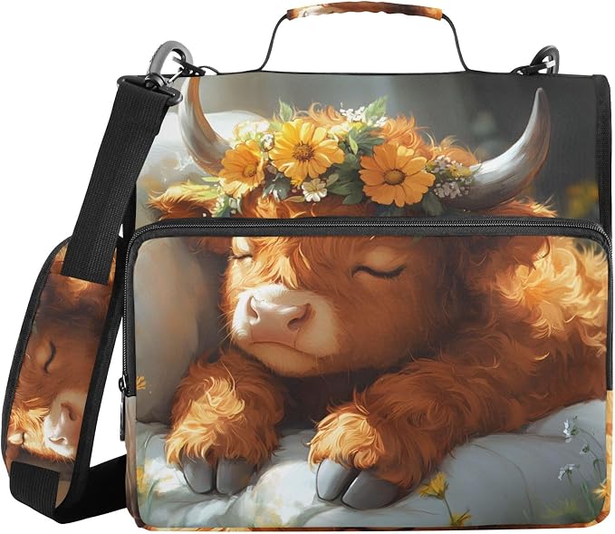 Cute Highland Cow 3 Ring Zipper Binder Bag Binder Organizer with Handle Shoulder Strap for School Work Office Supplies