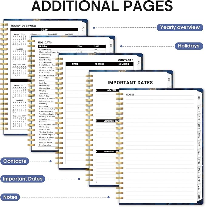 Planner 2026-2027, Monthly & Weekly Jul 2026-Jun 2027 Calendar Book | 6.3" x 8.5", Hardcover Spiral Planner with Tabs, School Pretty Agenda for Women, Students, Teachers, Celestial Current