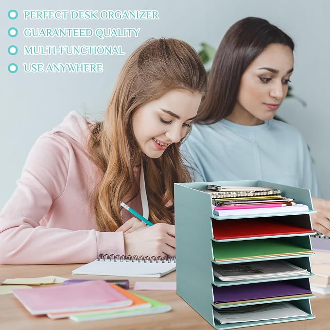 Tatuo 6 Pack Stackable Paper Trays Plastic Letter Tray Desk Organizer Paper Holder Organizer Storage Office Desk Accessories for Classroom Magazine File Documents 12.8 x 9.45 x 1.97, Blue Green