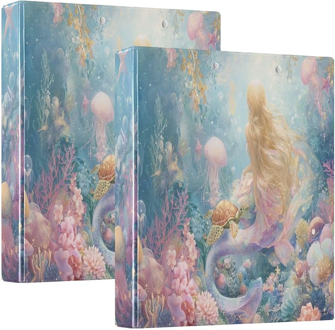 Beautiful Mermaid Coral Round Ring Binders 1.5 Inch 3 Ring Binder with Clipboard Holds 200 Sheets Office Home School