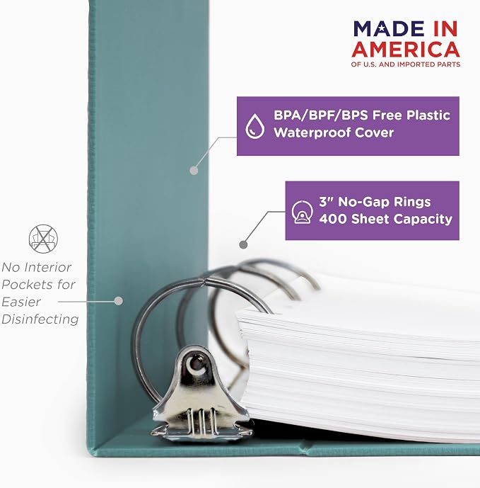 Carstens 3-Inch Heavy Duty 3-Ring Binder - Side Opening, Powder Blue, Durable Plastic, Precision No-Gap Rings, Waterproof Cover, No Pockets, Holds 400 US Letter Sheets, BPA-Free, Made in USA (1744-3R)