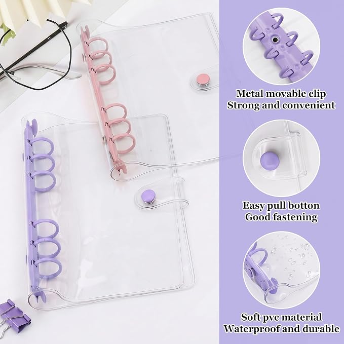 A5 Binder 6 Ring, Clear PVC Notebook Cover, Refillable Planner | Loose Leaf Budget Binder with Snap Button Closure, Round Ring Binder for School Office Home, 2 Pack, Purple and Pink