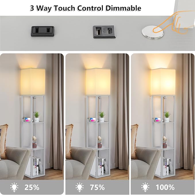 LED Shelf Floor Lamp, Modern Touch Control Dimmable Standing Lamp with 2 USB Ports and 1 Power Outlet, Corner Tall Lamps with Shelves, Wood Standing Light for Bedroom, Living Room, Grey | 3-Tier Modern Square Bookshelf Lamp, Corner Standing Light with ...
