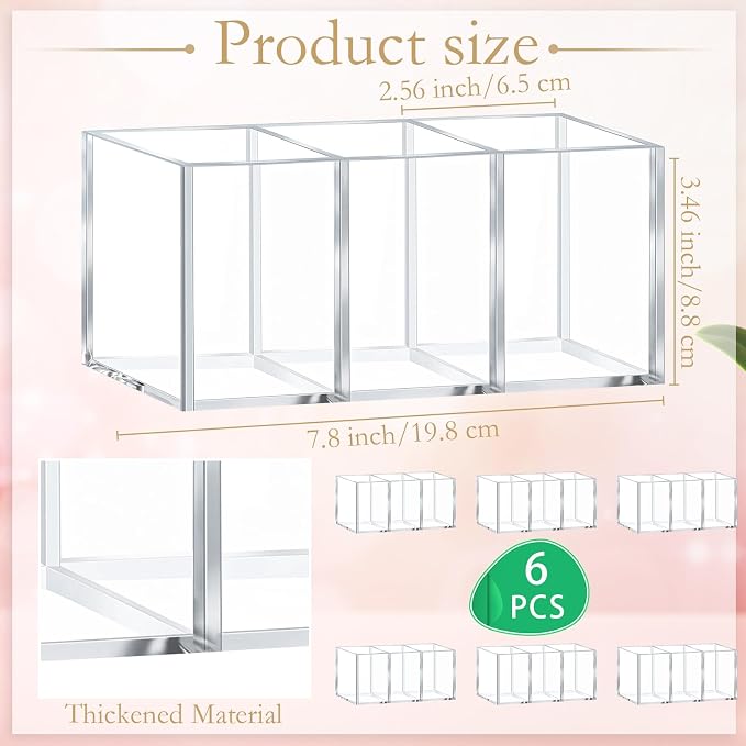 Seajan 6 Pack Acrylic Pen Holder 3 Compartments Clear Pencil Organizer Holder Makeup Brush Organizer for School Classroom Office Home Desktop Supplies Desk Accessories