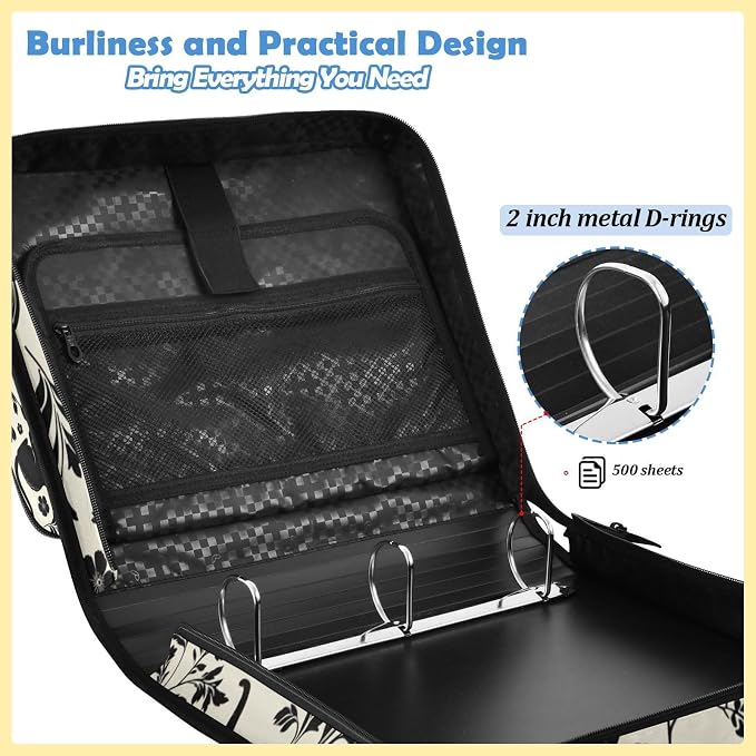 Flowers Cat Print Zipper Binder File Organizer Bag 3 D-Ring | with Shoulder Strap, Holds 500 Sheets & 14in Laptop, 3 Ring Binder for Office Supplies
