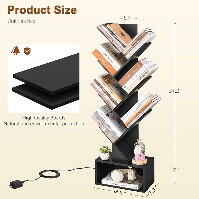 Hoctieon 6 Tier Tree Bookshelf, Tall Bookcase with Drawer, Freestanding Book Shelf with LED Lights, Display Floor Standing Storage Shelf, Book Organizer Shelves for Home Office, Living Room, Black