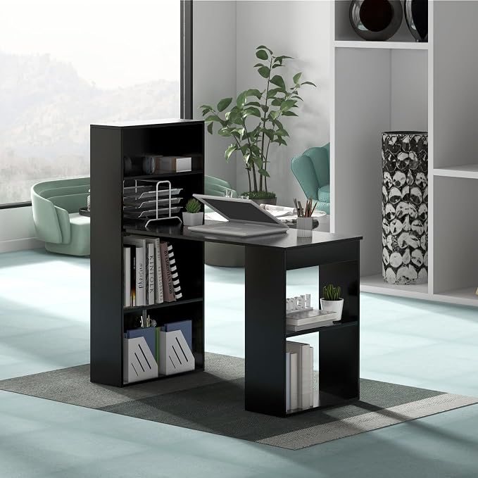GRAFFY Computer Desk with 6 Storage Shelves - 48" Reversible Writing Desk Workstation with Bookshelf and CPU Stand, Modern Compact Office Desk for Bedroom, Study, Home, Office (Black) | Reversible Writing Desk with 6 Storage Shelves, Modern Compact Off...