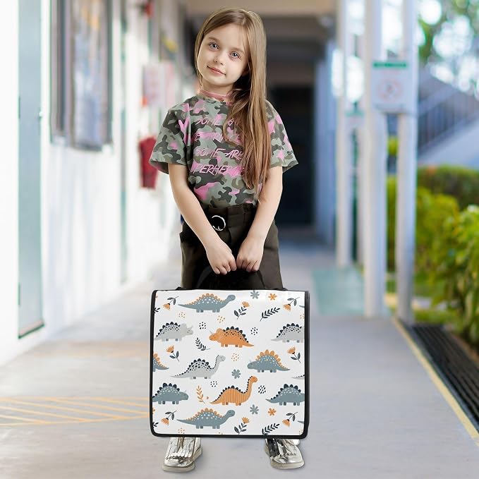 Custom Dinosaurs Flowers White Pattern 3 Ring Zipper Binder with Shoulder Strap & Handle 1.5 Inch D-Ring Zippered Bag with Multiple Pocket, Personalized Binder Organizer for School or Office