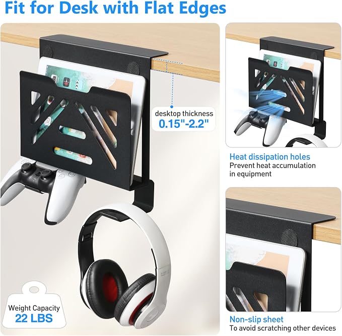 MAXECHO Desk Side Storage, Under Desk Laptop Mount, Table Side Hanging File Organizer, No Drill Clamp On Cable Management Tray, Laptop Holder with 2 Hooks for Office and Home, Load 22 Lbs