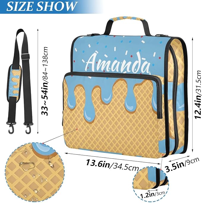 Custom 3 Ring Zipper Binder Blue Ice Cream Personalized Name 1.5 inch Binders Large Capacity Multi Pockets for School Office Supplies