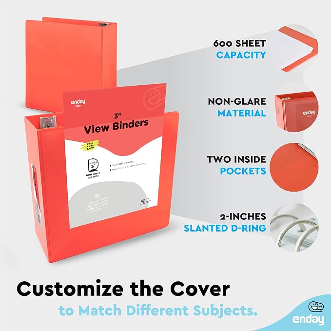 Enday 3 inch Binder (24 Pack - Red) 3 Ring Binder 3 inch with Clear View Cover and 2 Inside Pocket - for Letter Size 8.5 x 11'' Paper, Ideal for School Supplies, Office, and Home