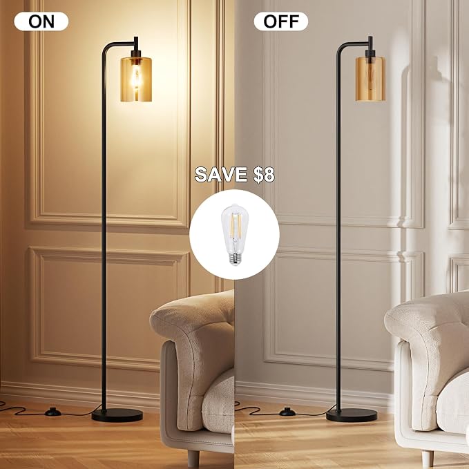Ziisee Floor Lamps for Living Room - Standing Lamp with Amber Glass Shade, Modern Floor Lamp with LED Bulbs, Industrial Floor Lamp for Bedroom, Black Tall Lamp for Office(Light Bulb Included)