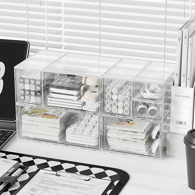 Desk Organizers, Makeup Organizer Storage, Desktop Office Supplies, Clear Desk Accessories, Dustproof Drawer Organizer and Storage for Make Up, Jewelry, Pen, Desktop Stationary (6 Drawers)