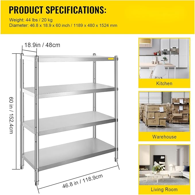 VEVOR Stainless Steel Shelving 46.8x18.5 Inch 4 Tier Adjustable Shelf Storage Unit Stainless Steel Heavy Duty Shelving for Kitchen Commercial Office Garage Storage 330lb Per Shelf