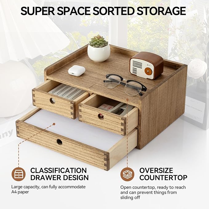 KIRIGEN Wooden Desk Organizer with 3 Drawers and Top Shelf Brown DT2D3C-DBR | 3-Drawer Cabinet with Top Shelf Stores Papers, Office Supplies, Cosmetics, Crafts, and Small Accessories on Desks or Counters