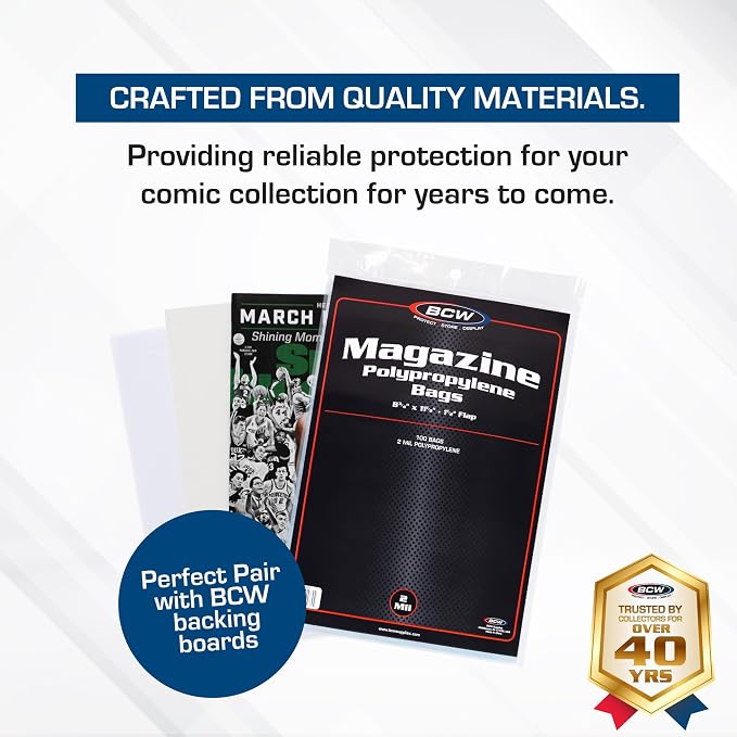 BCW Magazine Bags - 500 Count | Fits Standard 8.5 x 11 Inch Magazines | Acid-Free Polypropylene Magazine Sleeves with Fold-Over Tape Flap | Archival Plastic Magazine Protectors for Collectors