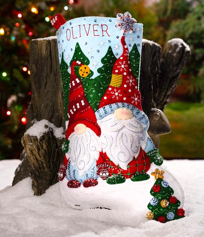 Bucilla Felt Applique 18" Stocking Making Kit, Chillin' with My Gnomie, Perfect for DIY Arts and Crafts, 89566E