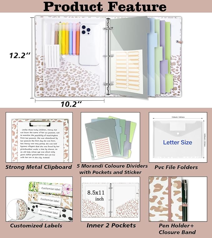 3 Ring Binder 1 Inch for 8.5"x11" Paper, Three Ring Binders with Clipboard, 5 Dividers with Tabs and Pockets, Transparent Folder, 18 Divider Stikers, BVSSX Decorative Binder with Pen Holder,Leopard