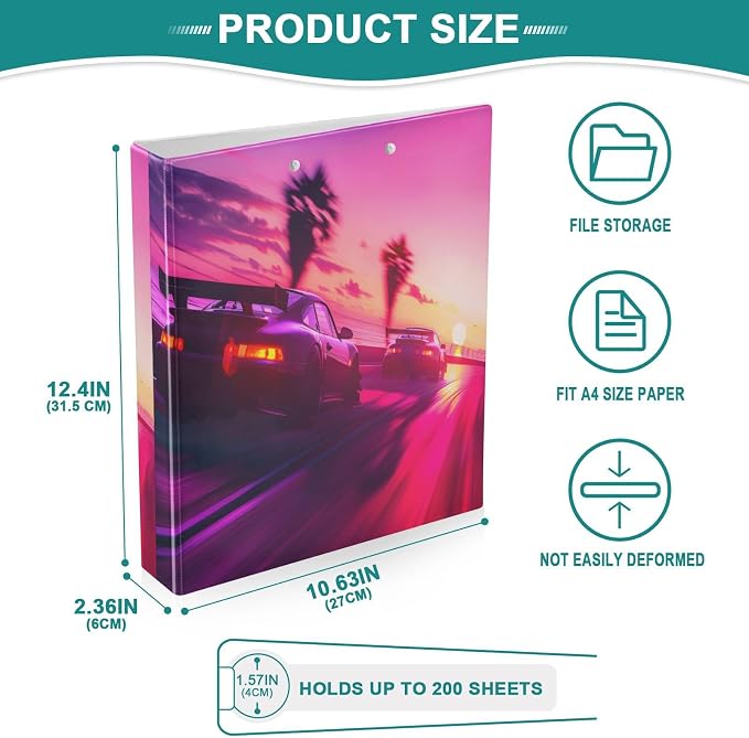 3 Ring Binder Sport Cars Racing Down Highway 1.5" Round Ring Binders View Binder with 200 Sheet for Women Men Office Kids School Supplies, 1 Pack