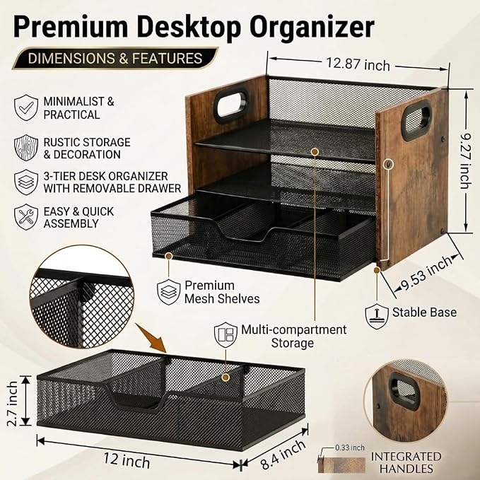 Wood Desk Organizer - 3-Tier Desktop File Organizer with Drawer, Wooden Paper Tray, Office Desk Organzier and Accessories for Papers, Mail, Notebooks, Stationery