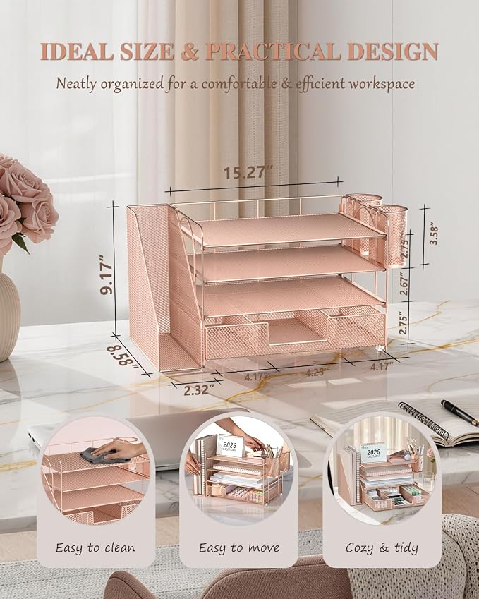 WALI Desk File Organizer, 4 Tier Desktop Paper Letter Tray Organizer with Drawer and 2 Pen Holders, Office Desk Accessories & Workspace Organizers for Office, Home, School Supplies, 1 Pack, Rose Gold