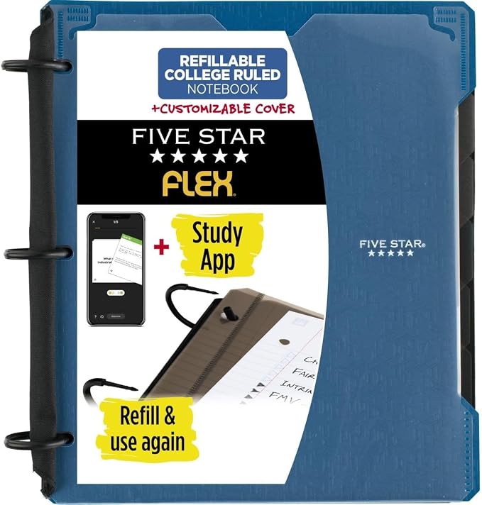 Five Star Flex Refillable Notebook + Study App,1 Inch Binder with Customizable Cover,College Ruled Notebook and 3 Ring Binder,Hybrid NoteBinder,200 Sheet Capacity,Color Will Vary (29326), (Pack of 6)