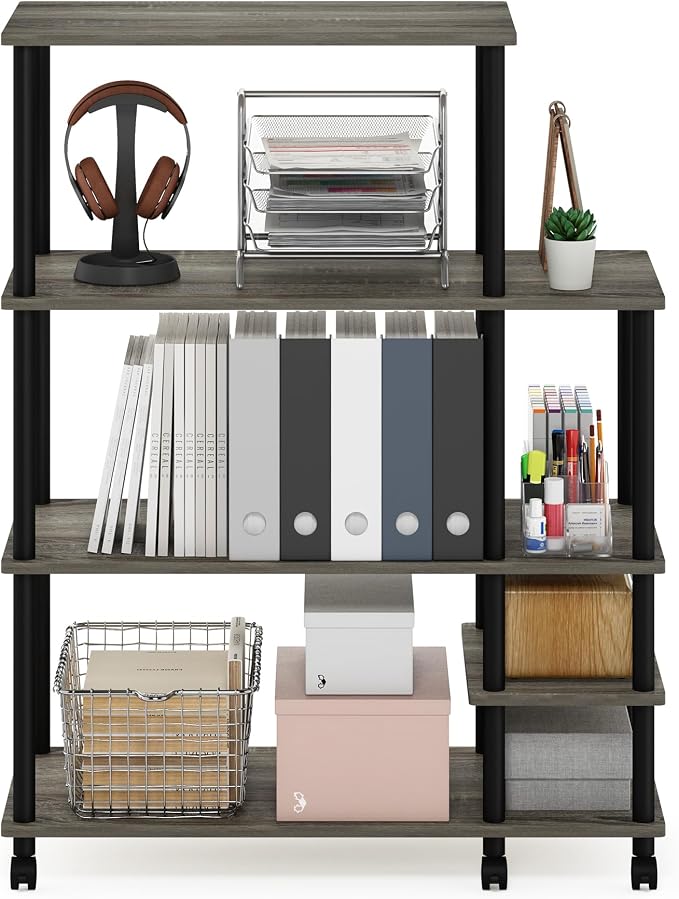 Furinno Turn-N-Tube 4-Tier Wide Toolless Multipurpose Printer Stand Display Storage Shelf with Wheels, French Oak Grey/Black
