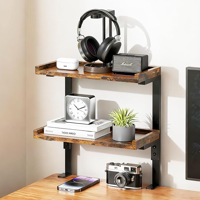 2-Tier Clamp-On Desk Shelf, 12.5" Wooden Desktop Storage Rack for Office Desk & Gaming Setup, Tabletop Organizer for Books, Accessories, Top or Under-Desk Mounted Shelf, Brown