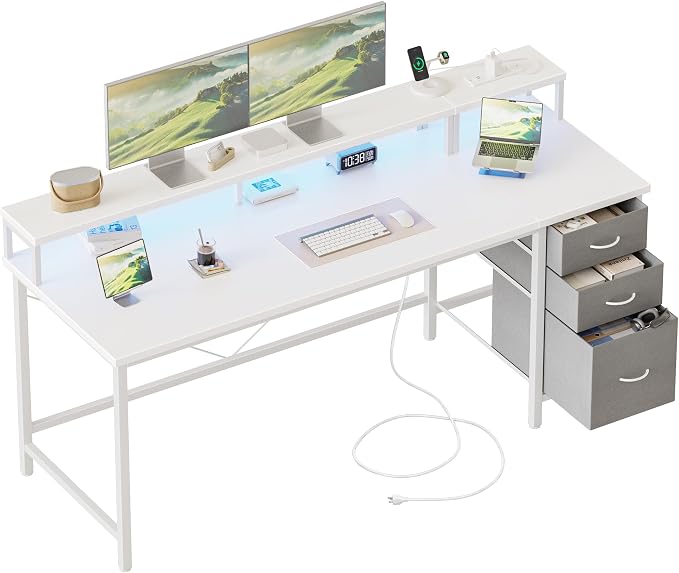 63 inch Computer Desk with Drawers, Reversible Gaming Desk, White | Gamer Desk with LED Lights, Power Outlets & Monitor Stand, Large Office Table for Home Bedroom Study Work Writing