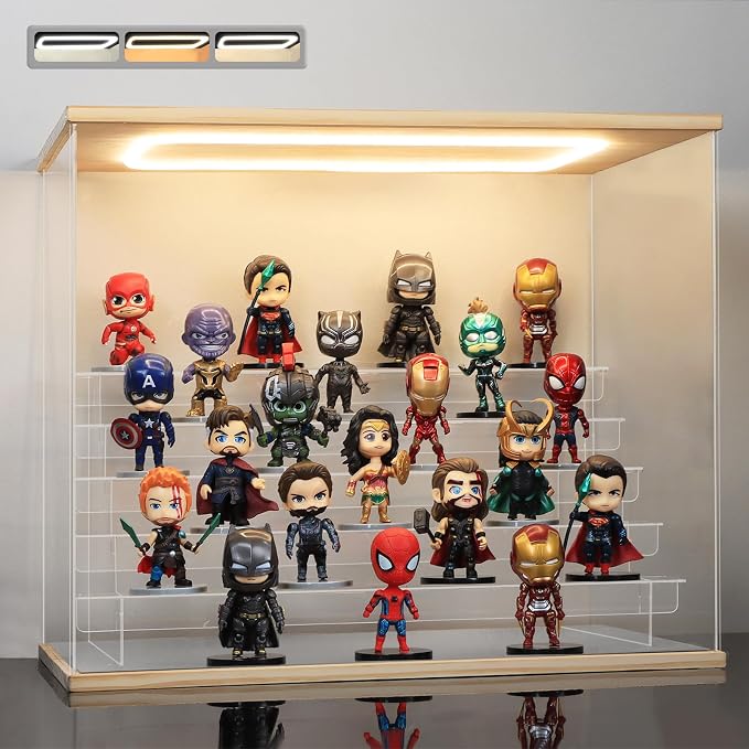 Clear Acrylic Display Case with Light 6 Tier Display Storage Box Assembly Dustproof Showcase for Collectibles Action Figures(Wood, 19.1*12.0*15.7inch)