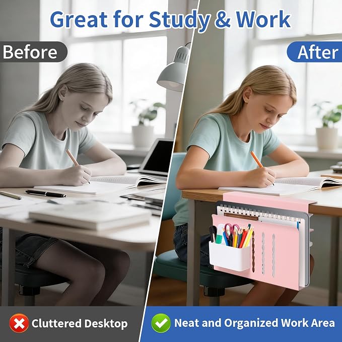 LUKETURE Desk Side Storage Laptop Holder No Drill Clamp On Organizer | Steel Side Desk Organizer, Clamp on Laptop Mount with Pen Holder, Hanging Storage for Home Office, Fits 0.3" to 2.8"