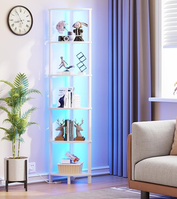 VIMBER Corners Shelf with LED Light, 6-Tier Corner Bookshelf, Industrial Corner-Ladder Shelf, Modern Display Shelf for Living Room, Bedroom, Kitchen, Home Office, Sturdy Frame, White UJSJ002W