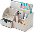 UnionBasic Desk Organizer - Multifunctional Leather Desktop Pen Holder Storage Box - Business Card/Pen/Pencil/Mobile Phone/Stationery Holder, Beige