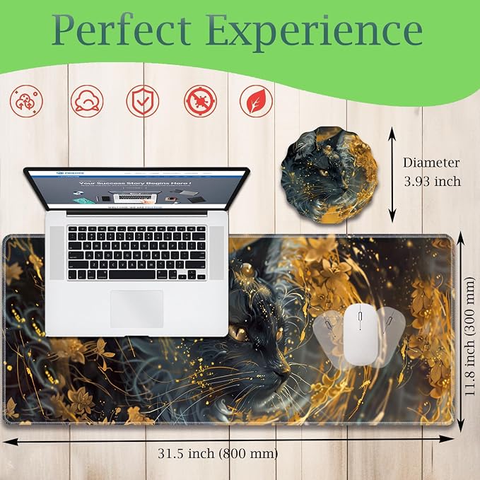 Extended Gaming Mouse Pad 31.5" x 11.8", with Edge Stitching, Non-Slip Rubber Base Keyboard Pad, Suitable for Work, Game, Office, Home and Coasters, Black Cat with Gold Floral