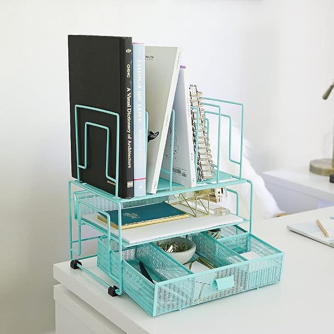 BLU MONACO Mint Green Desk Organizer With File Sorters and Drawer | Metal Mesh Desktop Storage for Office Supplies, Papers, Devices and Folders | 9.3”D x 12.5”W x 14”H All-In-One Workspace Holder