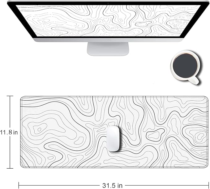 Armanza Mouse Pad Large, Extended XL Gaming Mousepad, Non-Slip Rubber Base Minimalist Keyboard Mouse Mat Desk Pad for Work, Game, Office, Home, 31.5 x 11.8 in, White Topographic Map Lines