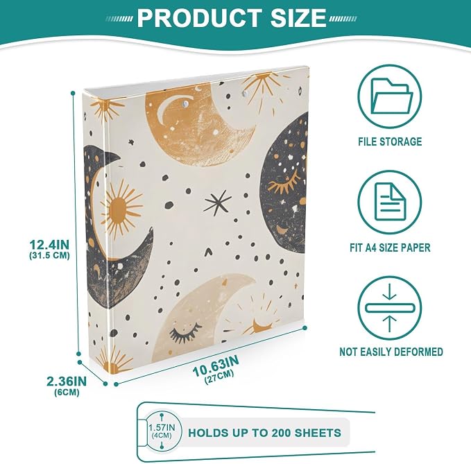 3 Ring Binder Boho Moon Phases Beige White 1.5 inch Binders Three Ring Binders with Clipboard Fit 8.5'' x 11'' Paper 3 Interior PVC Clear Pockets for Office Supplies