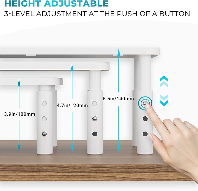BONTEC Monitor Stand for Desk 2 Pack, 3-Level Height Adjustable, White | 14.5 x 9.1 in Ergonomic Metal Computer Stand with Pen Holder & Cable Management for Printer, Laptop and Office Workstation