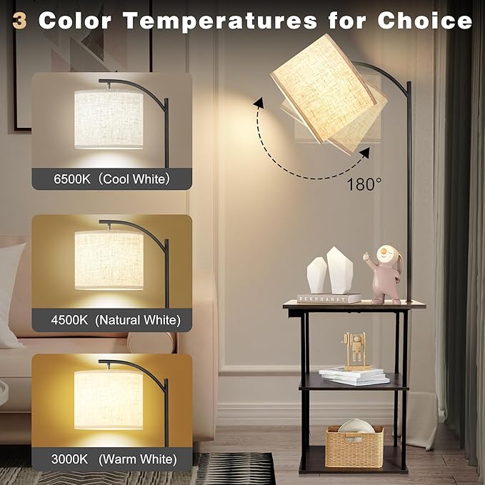 PESRAE Floor Lamp with Table, End Tables with Charging Station(USB & Type-C & AC Port), 3 Color Temperatures 9W LED Bulb, Modern Shelves Side Table for Bedroom, Living Room