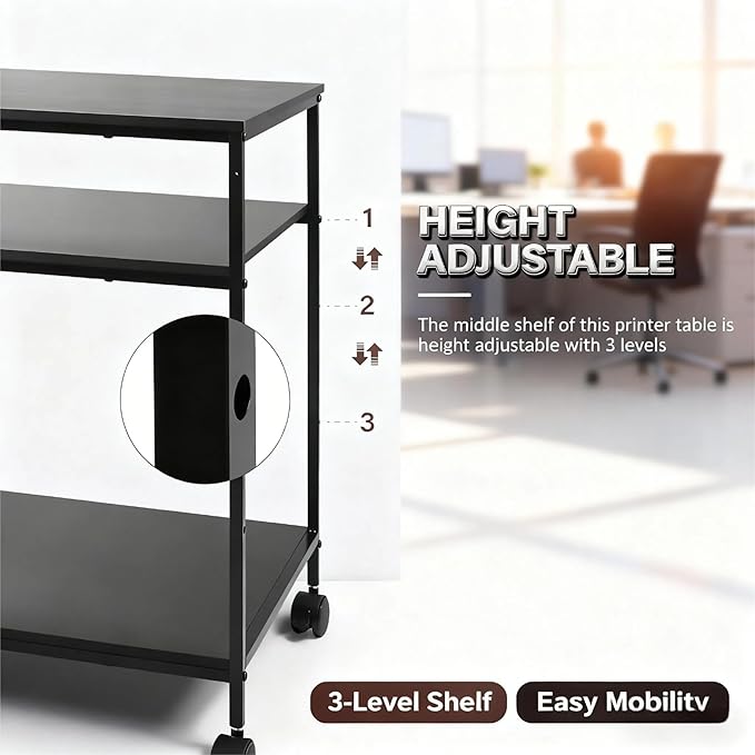Heavy Duty 3-Tier Printer Stand with Locking Wheels, 23.6"x18.9" *31.5" Large Printer Table Shelf, Holds 100 lbs per Shelf - Fits Most 60" Desks, Perfect for Office, Home, Laser Printer or Mini Fridge