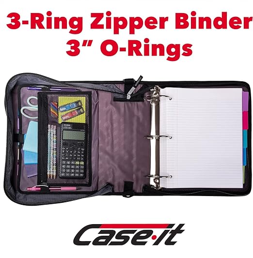 Case-it Mighty Zip Tab School Binder w/ 3-Inch O-Rings - 600-Sheet Capacity, 5-Subject Expanding File, Multiple Storage Pockets & Shoulder Strap, D-146 Light Blue Daisy (Pack of 6)