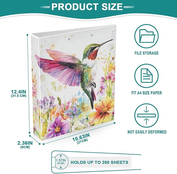 Colorful Hummingbird Floral Watercolor 3 Ring Binder with Clipboard&2 Pockets 1.5" Large Heavy Duty Binders Decorative D-Ring Binder Flexible Hardcover Binders, Holds 200 Sheets