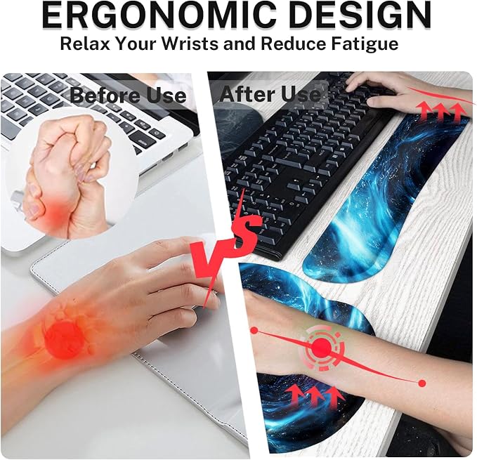 Keyboard Mouse Pad Set, 4 in 1 Desk Mat Set, Blue Black Galaxy | Large Mousepad+Keyboard Wrist Rest+Mouse Wrist Rest+Coaster Ergonomic Design for Home Office Computer
