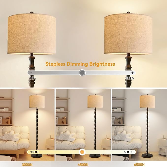 Wood Floor Lamps for Living Room Rattan Floor Lamp with Remote Control& 3 Color Temperature,Dimmable Rustic Floor Lamp Black Mid Century Modern Standing Lamp Tall Farmhouse Floor Lamp For Bedroom