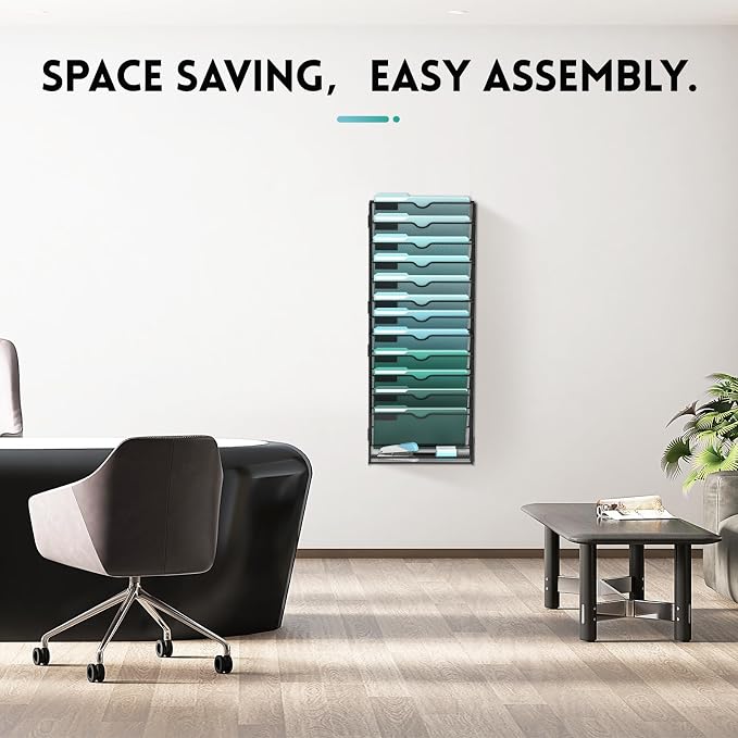 13-Tier Wall File Organizer, Hanging File Holder, Wall Mounted Mail Sorter | Metal Mesh Hanging File Organizer with Open Compartments and Label Panels for Papers and Folders at Home, Office or School