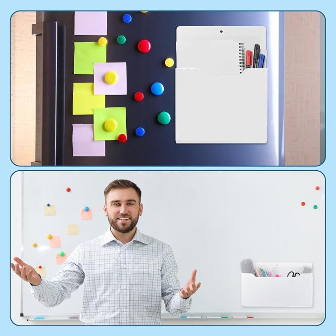 Feifeiya 2 Pcs Magnetic File Folder Wall Hanging Holder Large Pocket Paper Magazine Mail Organizer for Refrigerator Classroom Locker Whiteboard(Mixed,White,13.8 x 8.3 Inches,12.2 x 9.4 Inches)