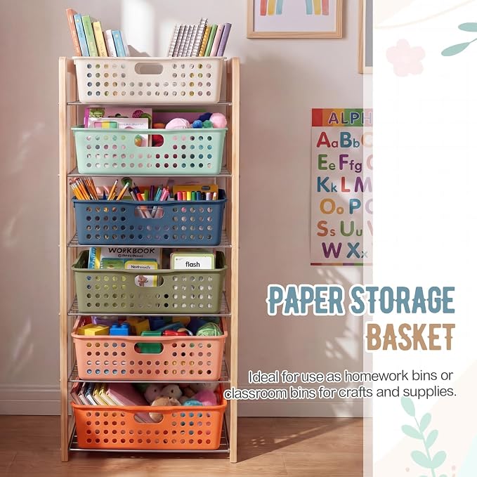 Geetery 6 Pack Classroom Storage Baskets with Handle,Boho Color | 14''x10'' Paper Tray Holds A4 Turn in Trays Plastic Paper Baskets Desk Organizer Bin for Classroom, Library, Office, Home